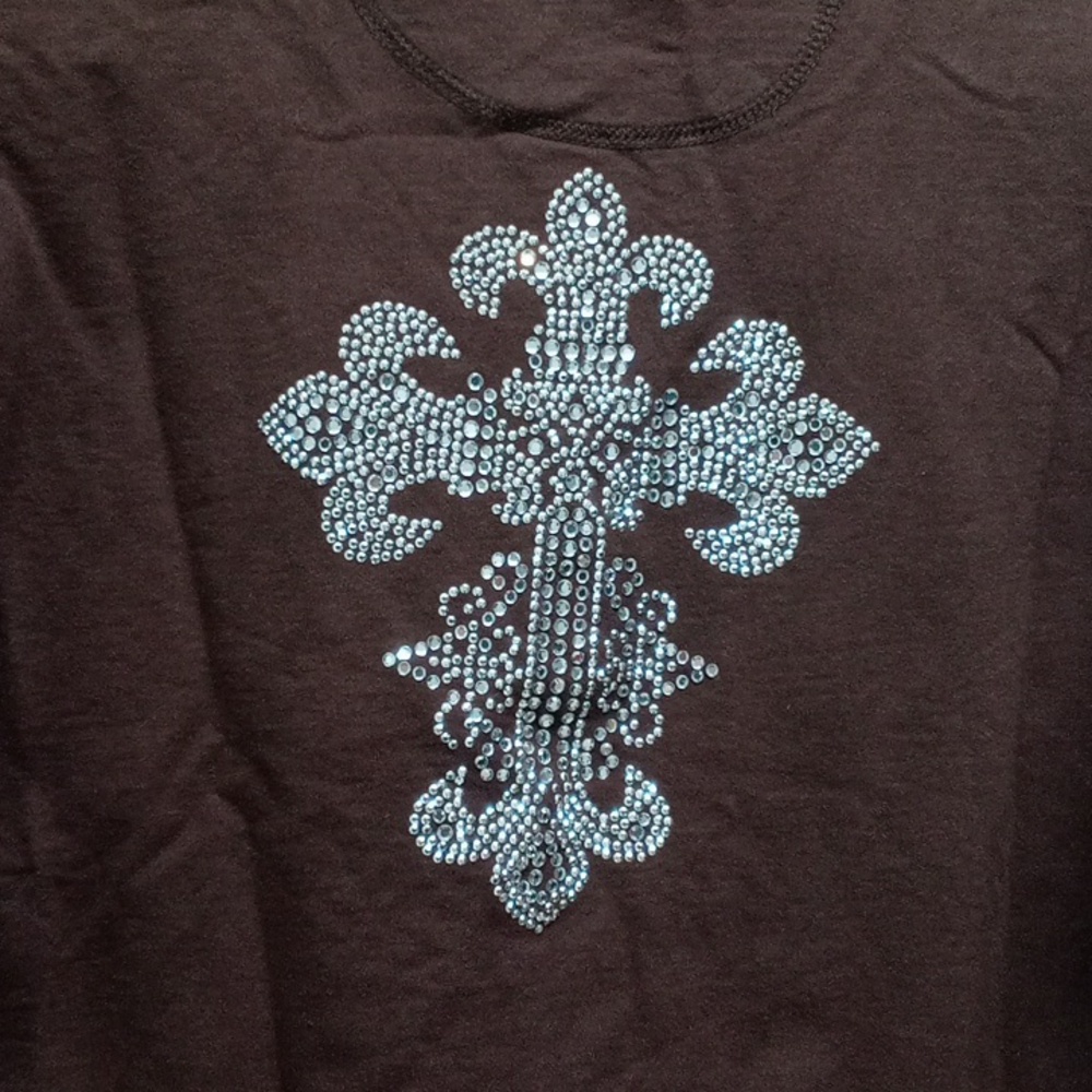 Y2K Brown Silver Bling Cross Cropped Silver Heart Zipper Full Zip Up Jacket - Picture 5 of 6